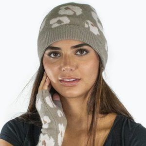 Portolano Cashmere Animal Print BEANIE HAT - MUSHROOM GREY, WHITE